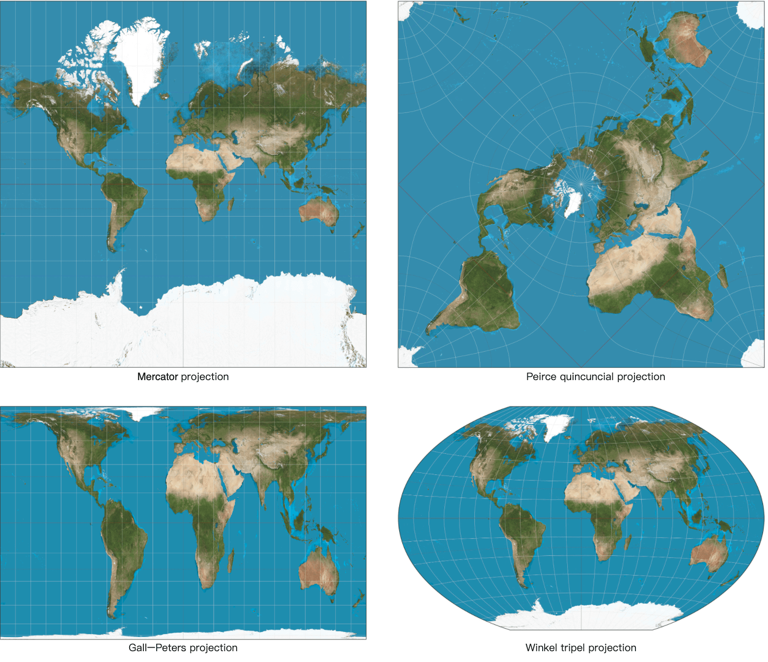 Figure 2 Map projections (source: Wikipedia (6) (7) (8) (9))